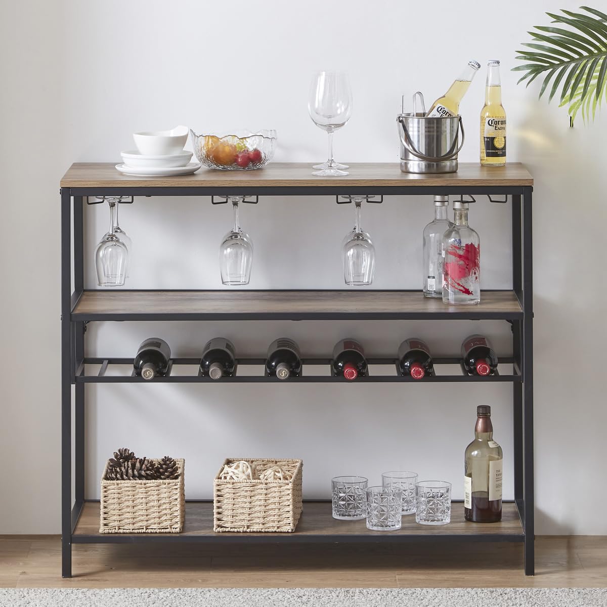 LVB Rustic Oak Wine Rack Table - Modern Freestanding Liquor Cabinet with Glass Holder for Home Bar - WoodArtSupply