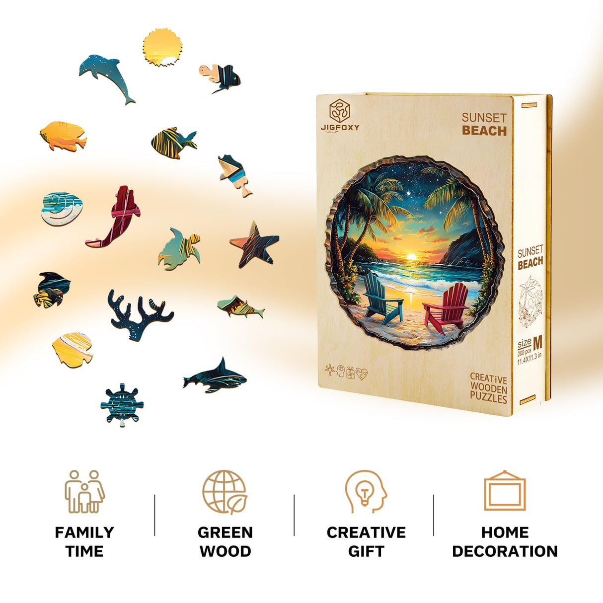 Jigfoxy Wooden Puzzle for Adults,Sunset Beach Wooden Jigsaw Puzzles for Adults, Unique Animal Shape Wood Cut Puzzles for Family Friend Puzzle Lovers(M-11.4 * 11.3in-200pcs) Jigfoxy