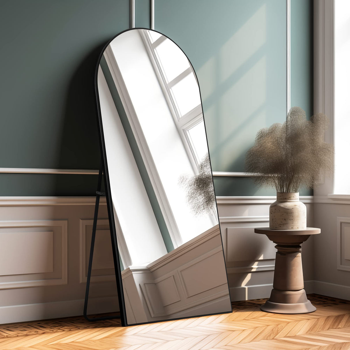 PexFix Arched Full Length Mirror Arched Wall Mirror Floor Mirror with Stand Contemporary Full Length Mirror with Black Wood Frame, 65''x22'' PexFix