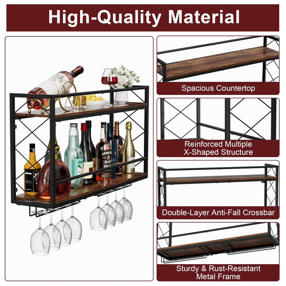 NEYCIL Wall Mounted 2 Tier Wine Rack with Glass Holder, Double Layer Anti-Drop Crossbar, 31.5" Metal Wood Wall Mount Wine Rack for Home Kitchen Dining Room Coffee Shop Bar, Black NEYCIL