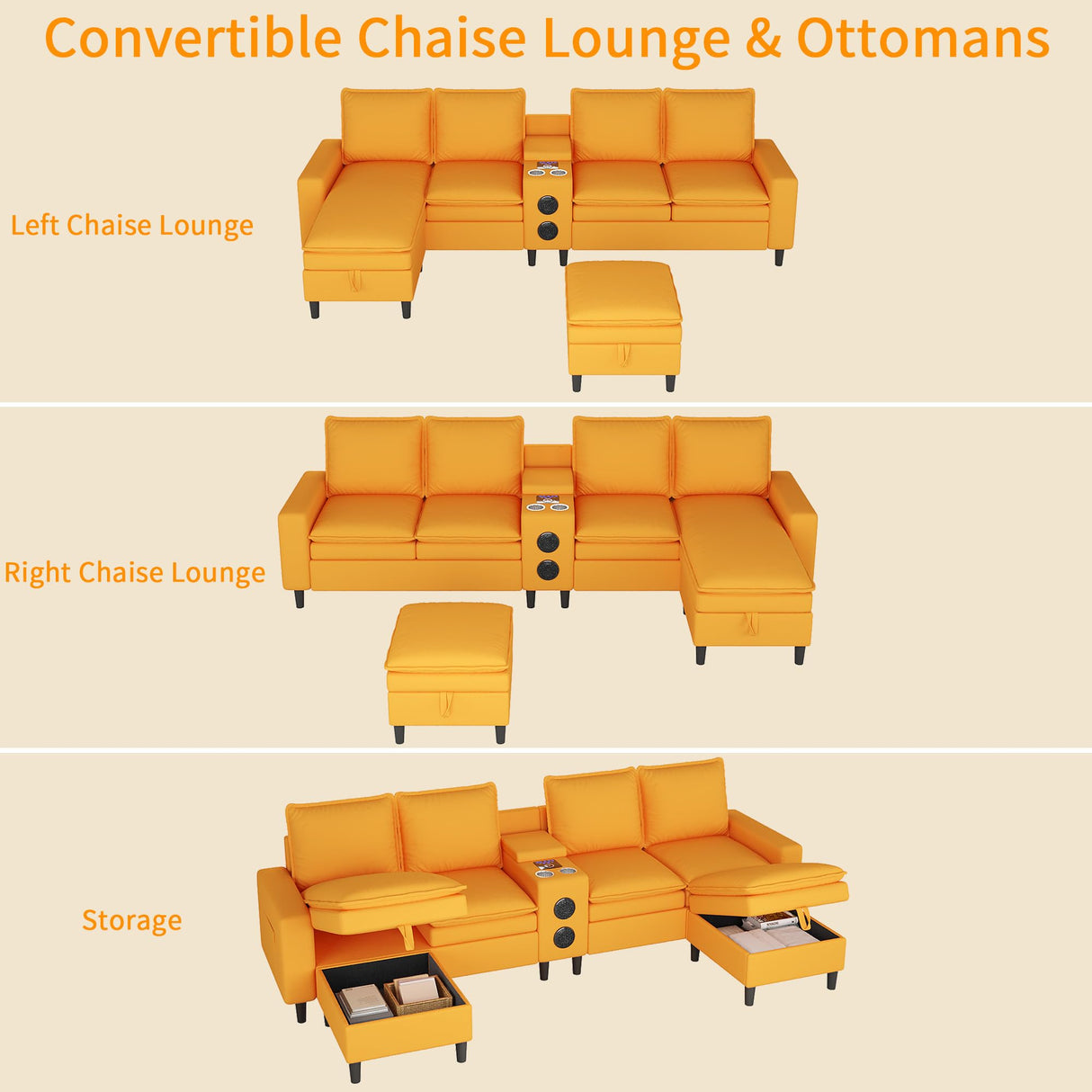 HYZQ Sectional Couches for Living Room, 4 Seat Sectional Sofa with Smart Module-Bluetooth Speaker/RGB Light/Charging Station, Teddy Fleece U Shaped Cloud Couch with Storage Ottoman (Yellow) HYZQ