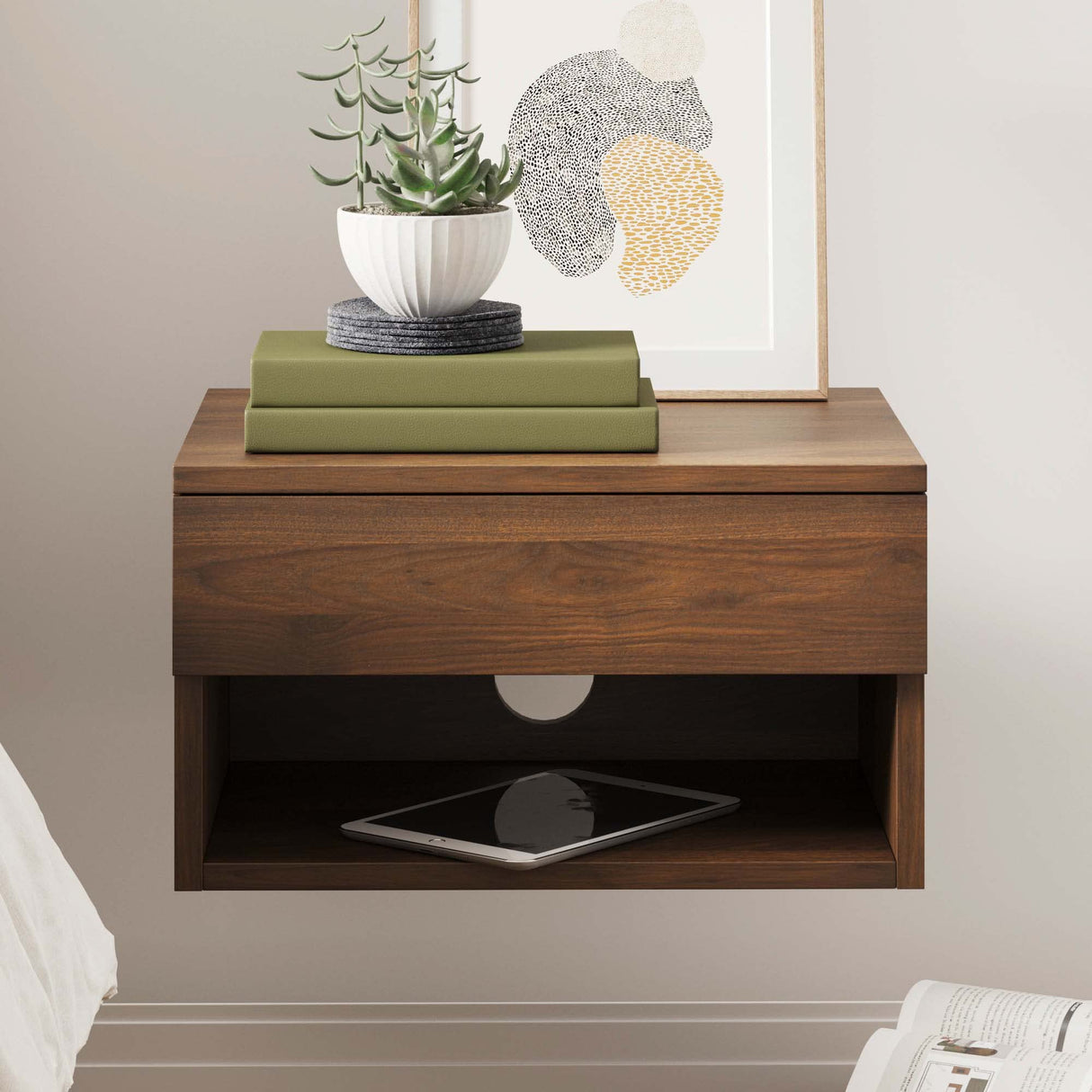 Nathan James Jackson Wall Mounted Floating Bedroom Nightstand with Storage Drawer and Modern Open Shelf Cubby, Dark Brown Walnut Nathan James