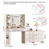 YYJ 74.8''Makeup Vanity Desk with Large Mirror and Lights&Charging Station,Modern Corner Vanity Table with 8 Storage Drawers and Shelves,Dressing Table with nightstand,Makeup Table for Bedroom,White YYJ