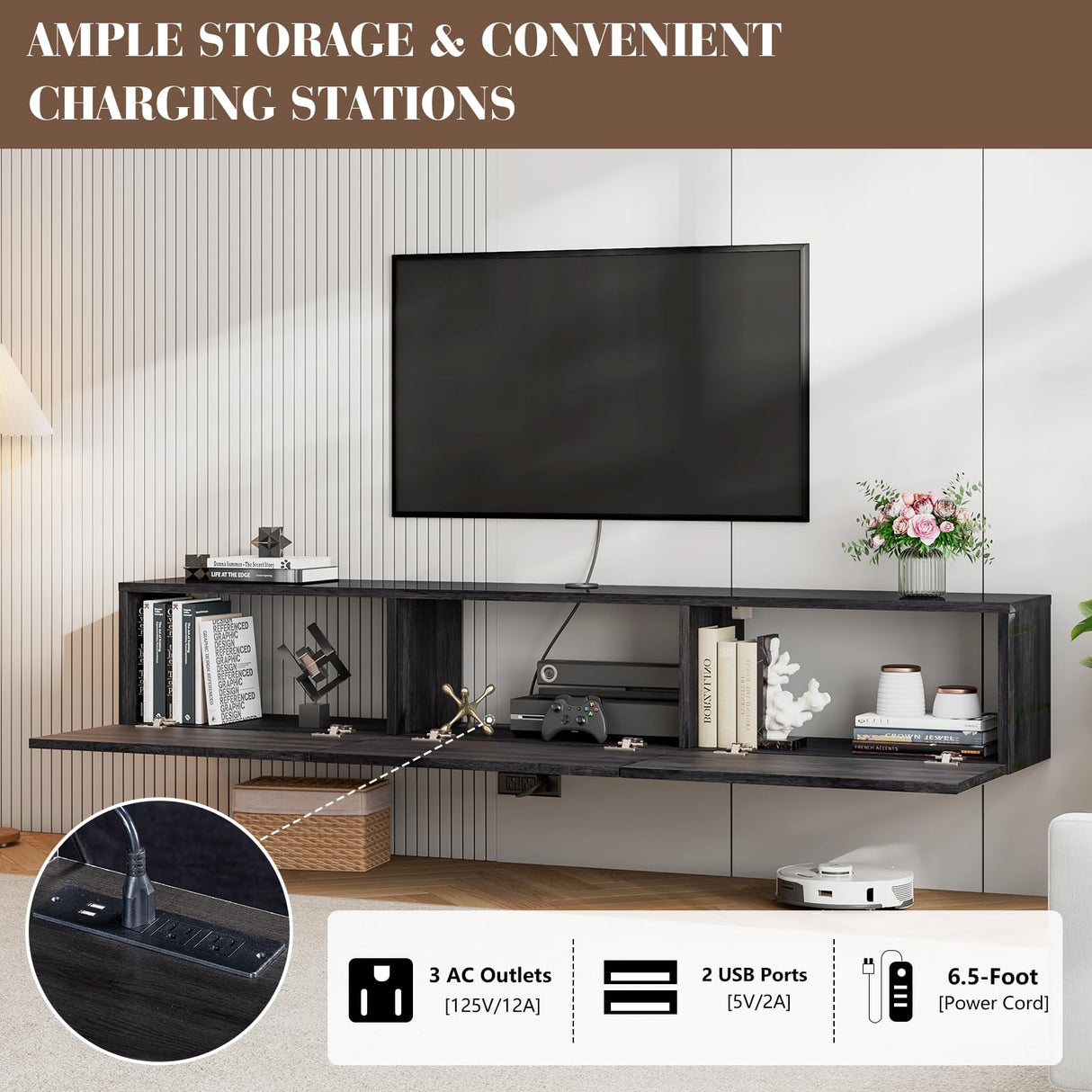 LUXOAK 70" Woodgrain High Gloss Floating TV Stand with LED Lights & Charging Station, Wall Mounted Media Entertainment Center for TVs Up to 80", Modern Floating TV Console for Living Room, Black LUXOAK