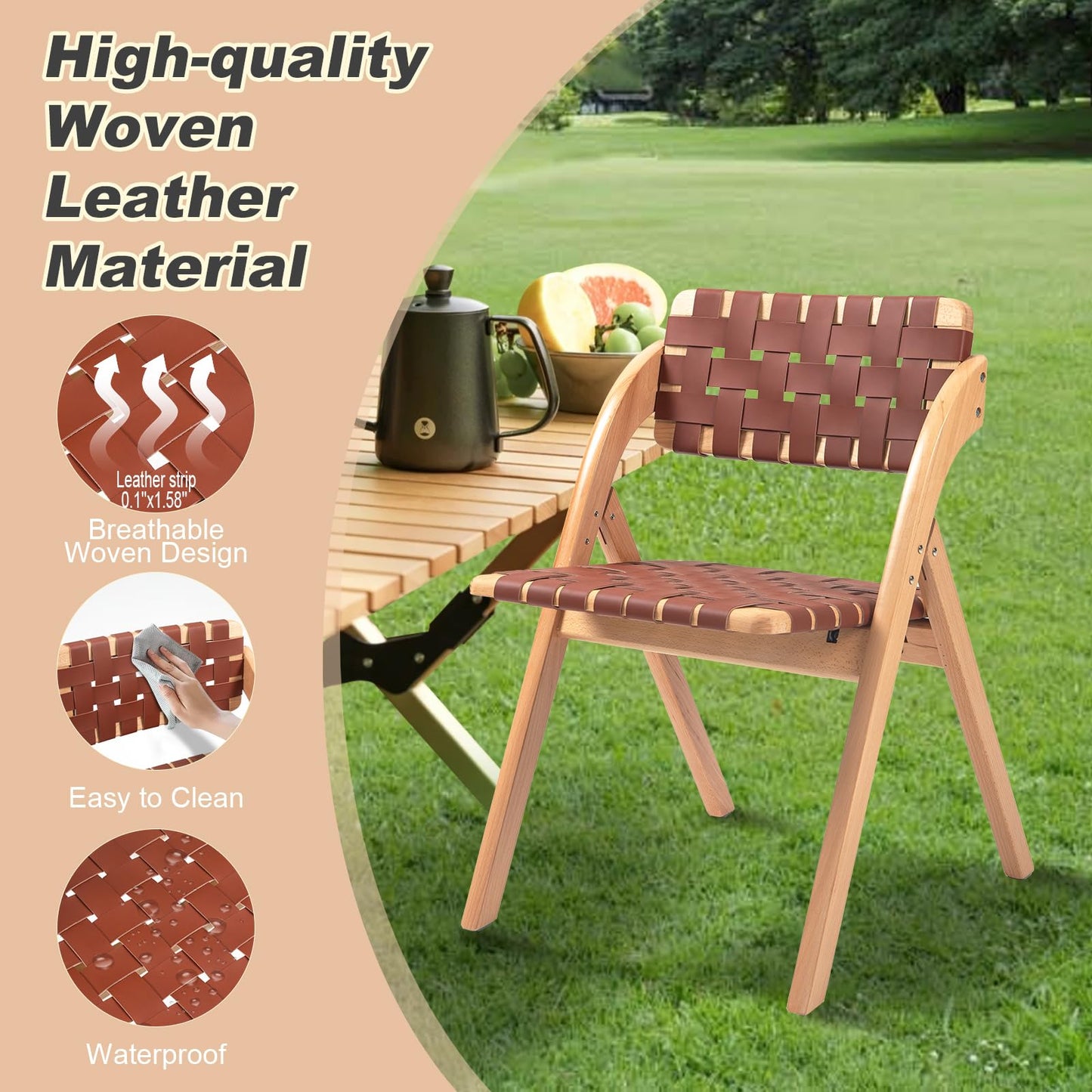 Luteren Folding Chairs Set of 2, Wooden Foldable Dining Chairs, Stackable Folding Extra Chair with Breathable Leather-Woven Design for Indoor & Outdoor, Brown