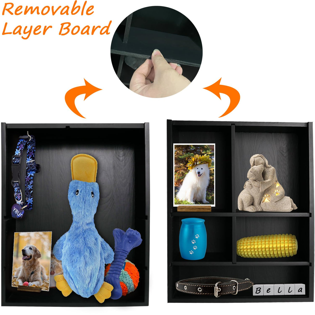 Sofunii Pet Memorial Shadow Box with Shelves for Dogs or Cats,11 * 14" Solid Wood Pet Frame Urn Ashes Display Case for as Loss Pet Remembrance Memory Keepsake - Black Sofunii