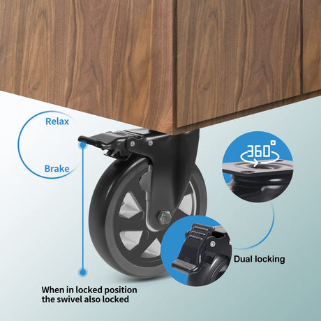 6 Inch Caster Wheels 3000lbs,Heavy Duty Casters Set of 4 with Brake, No Noise Polyurethane Swivel Caster Wheels for Cart,Furniture,Workbench(Free Screws & Spanners) Wieyunn