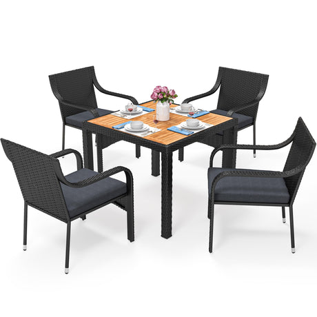 YITAHOME 5-Piece Patio Dining Set, Outdoor Wicker Conversation Furniture with Wooden Tabletop and Cushions, Wicker Square Dining Sets for Lawn Garden Backyard Deck YITAHOME