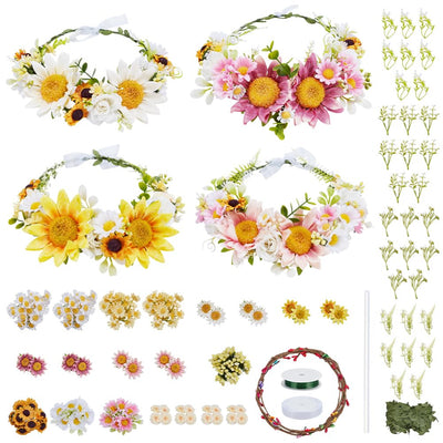 ACRNIGHEET 4PCS DIY Sunflower Crown Making Kit, Sunflower Crown Kit, DIY Flower Crowns for Women, Flowers, Vines and Leaves Sets for Brides Bridesmaids' Headwear in Weddings or Holiday Decorations