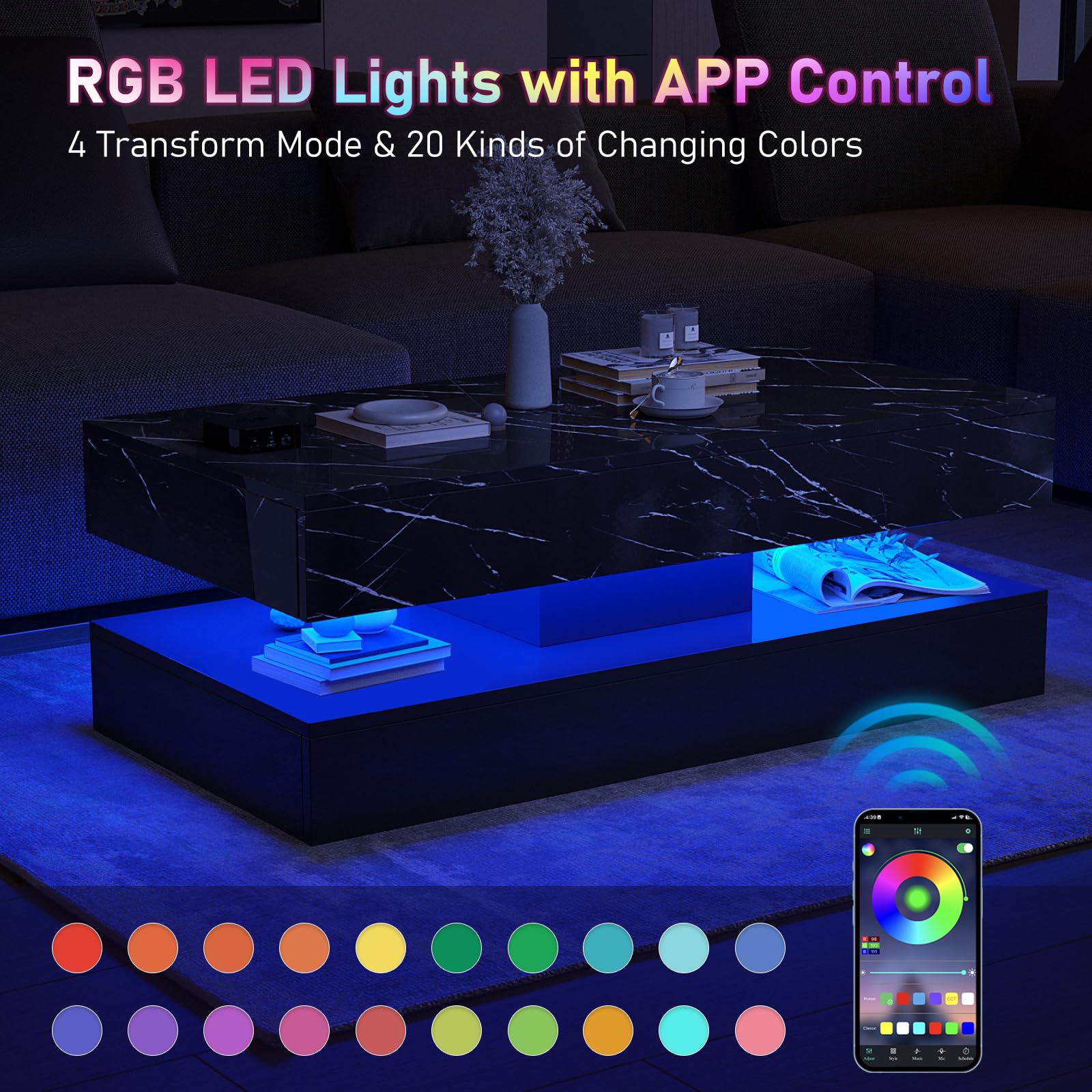 HOMFAMILIA LED Coffee Table with 2 Storage Drawers, Modern High Gloss Black Coffee Table w/20 Colors LED Lights, 2 Tiers Rectangle Center Table for Living Room with Marbling Print, APP Contro - WoodArtSupply