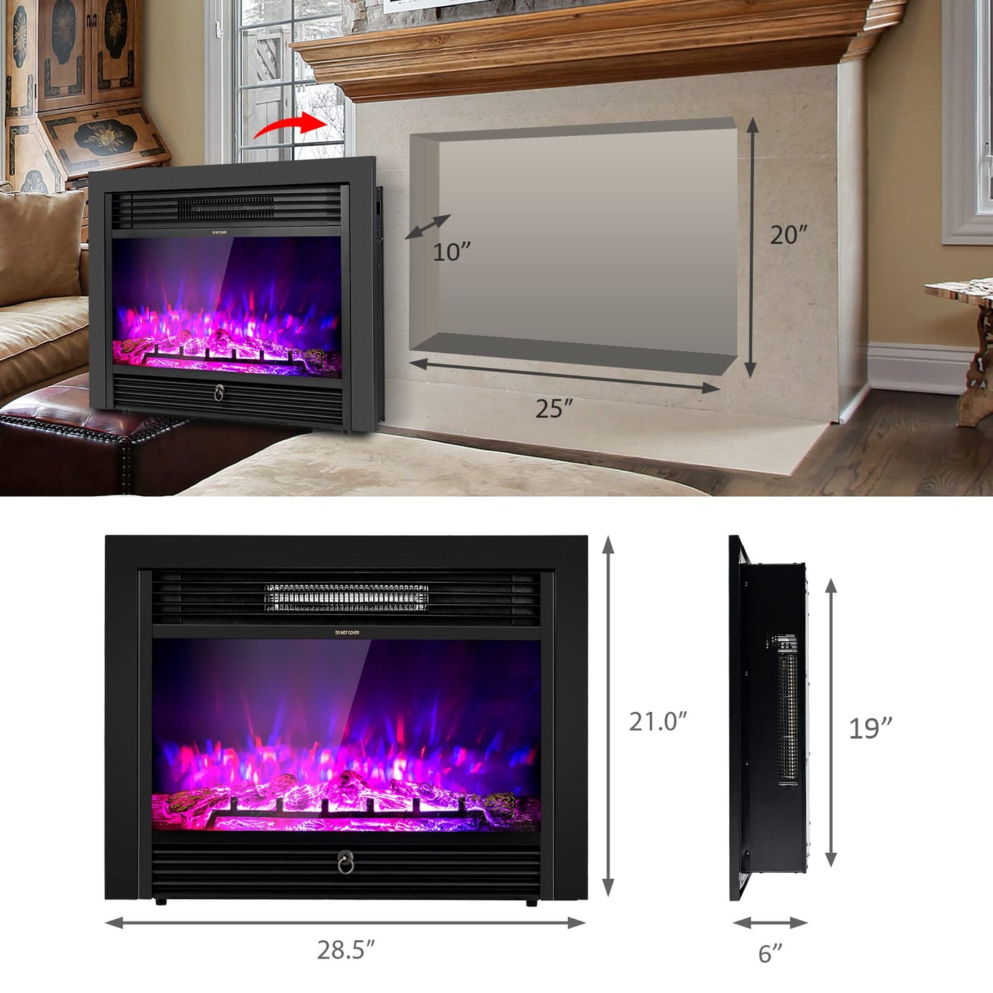 COSTWAY 28.5-Inch Electric Fireplace Inserts, 750W/1500W Wall Recessed and Freestanding Fireplace with 3 Flame Colors, 5 Brightness Settings, 8H Timer, Remote Control, Heater for Indoor Use