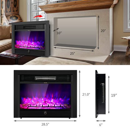 COSTWAY 28.5-Inch Electric Fireplace Inserts, 750W/1500W Wall Recessed and Freestanding Fireplace with 3 Flame Colors, 5 Brightness Settings, 8H Timer, Remote Control, Heater for Indoor Use