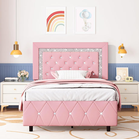 HOMBCK Twin Bed Frame, Pink Upholstered Bed Frame Twin Size with Diamond Tufted Headboard, Girls Twin Bed Frame with Faux Leather Headboard & Footboard, Wooden Slats Support, No Box Spring Needed HOMBCK
