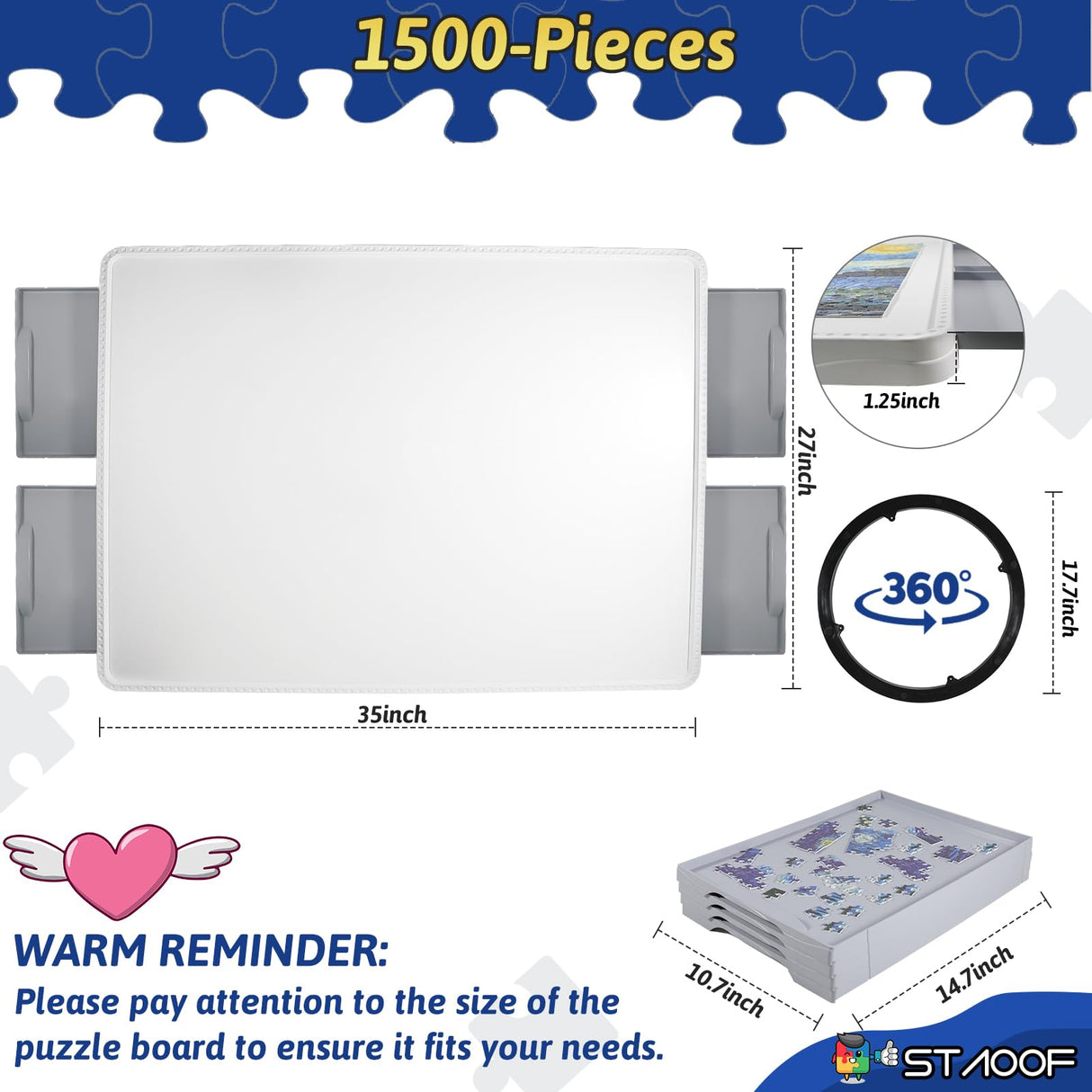 STAOOF Puzzle Board, 1500 Pieces Plastic Rotating Puzzle Table with Drawers and Cover - 35" x 27" Portable Jigsaw Puzzle Board for Adults - Puzzle Tray Accessories - Lazy Susan Spinning Puzzle Boards STAOOF