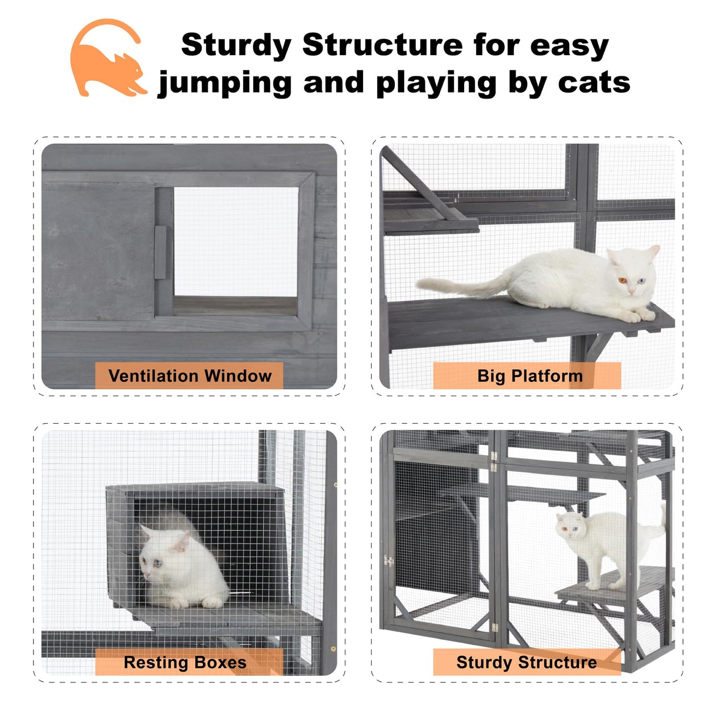 MDEAM Large Cat Catio Outdoor Weatherproof Cat Enclosure with Resting Boxes,Platforms,Windows,70" H*32" W*77" L,Grey