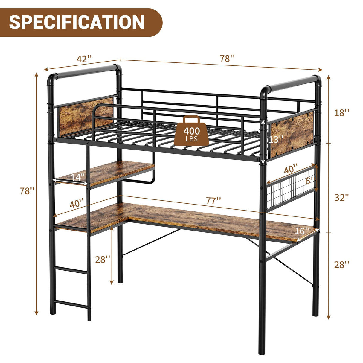 GarveeHome Loft Bunk Bed with L-Shaped Desk,Twin Loft Bed with Desk Underneath,Metal Bunk Beds with High Guardrail and Ladder for Kids/Teens/Adults,Easy Assembly, Vintage Brown GarveeHome