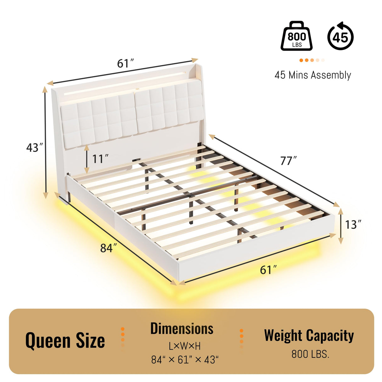 Ushow Modern Queen Floating Bed Frame with LED Lights, Storage Headboard & Charging Station in Beige USHOW