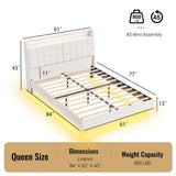 Ushow Modern Queen Floating Bed Frame with LED Lights, Storage Headboard & Charging Station in Beige USHOW