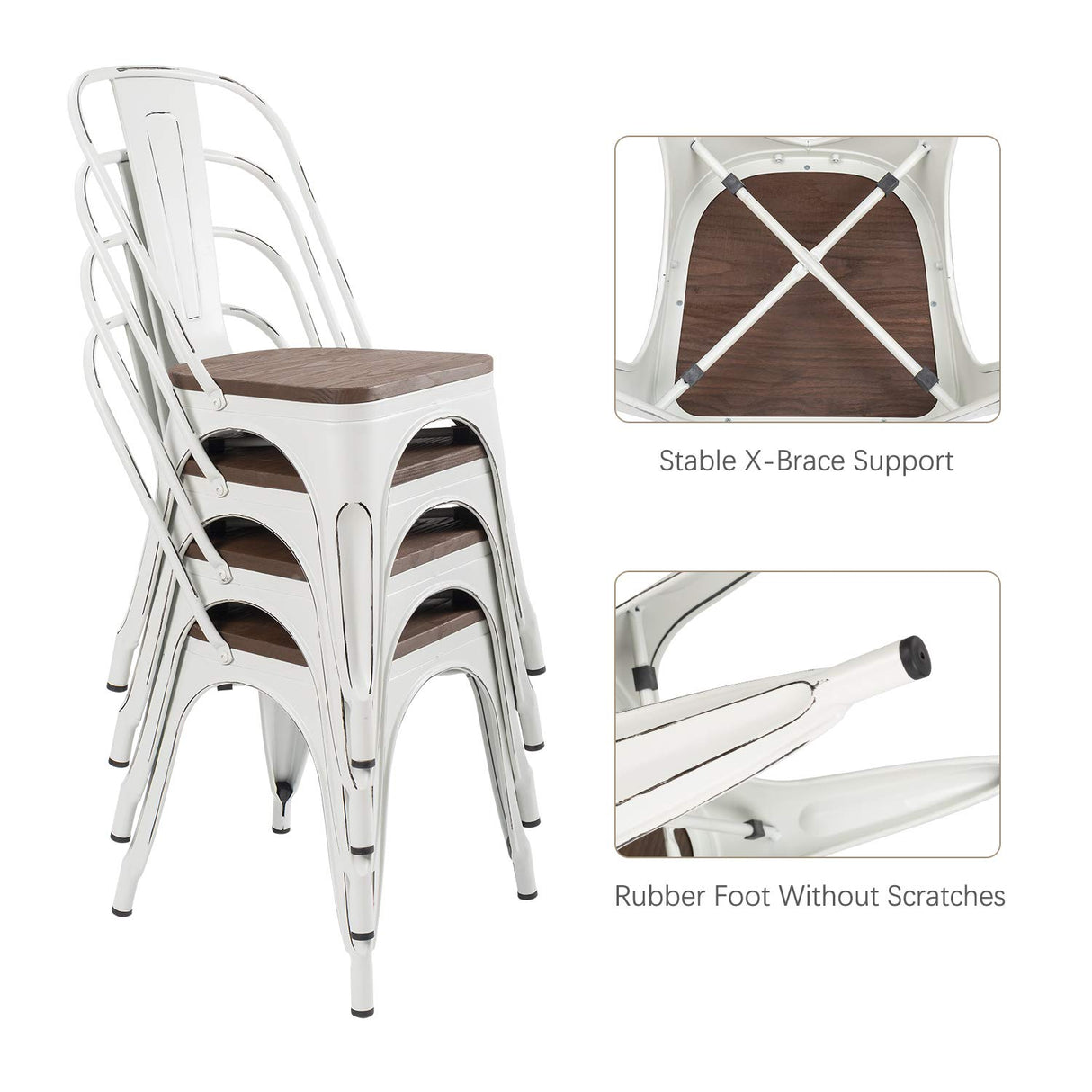 Furniwell Metal Dining Chairs with Wood Seat, Indoor Outdoor Use Stackable Tolix Industrial Metal Chairs Set of 4 for Kitchen, Dining Room, Bistro and Cafe (White) Furniwell