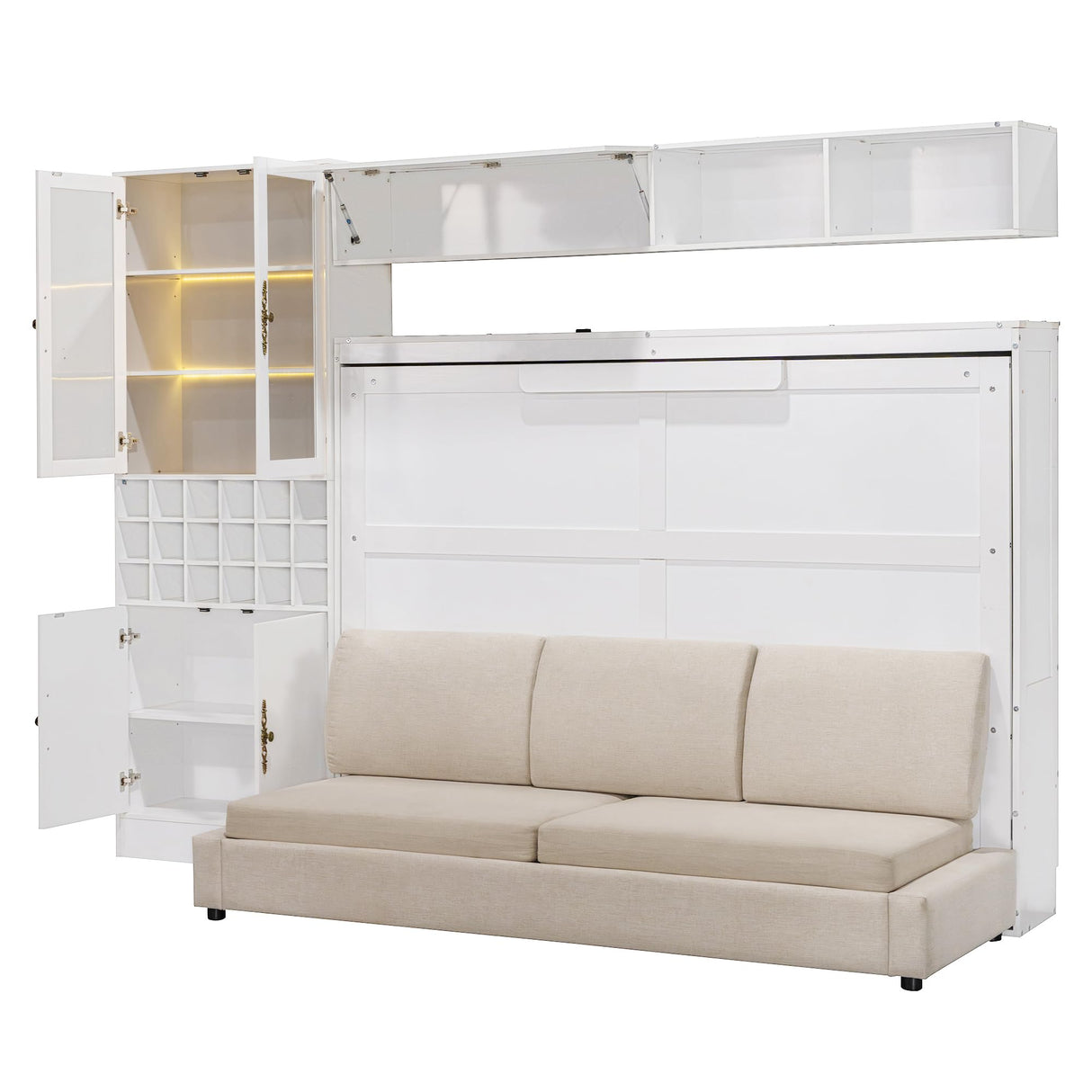 Full Murphy Bed with Couch and Storage Shelves,Charging Station& LED Light,Wood Foldable Murphy Wall Bed Cabinet with Sofa and Storage Cabinet,Bookcase,Wine Rack (White,Full) MERITLINE
