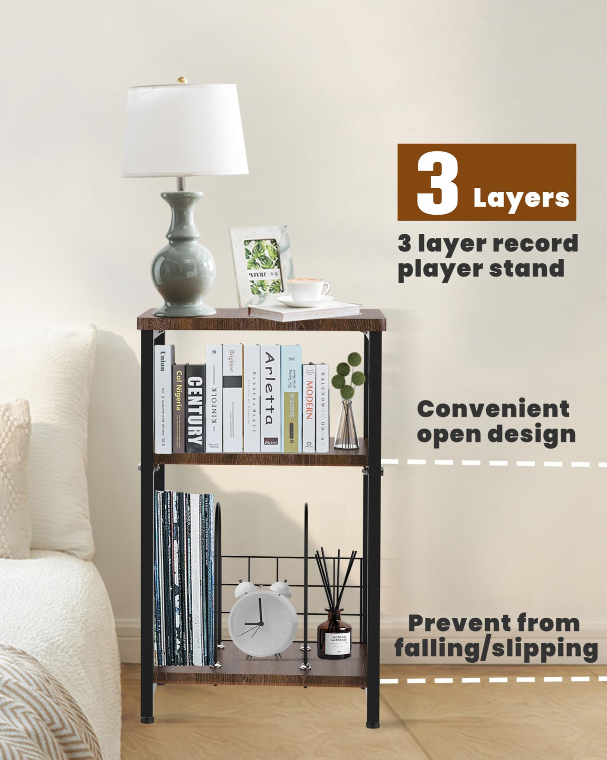 Tuohours Record Player Stand, 3 Tier End Side Table with Vinyl Record Storage Basket, Turntable Table up to 100 Albums Record Shelf Display Holder Cabinet for Living Room, Bedroom, Office Tuohours