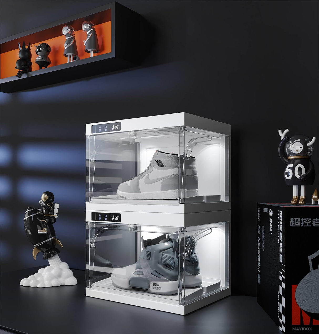 DGCZYXGL Clear Shoe Box with Smart Control Doors and LED Lights, Clear Shoe Storage Boxes Stackable, Sneaker Boxes, Shoe Display Case, Shoe Storage for Closet, Entryway (4 Pcs) DGCZYXGL