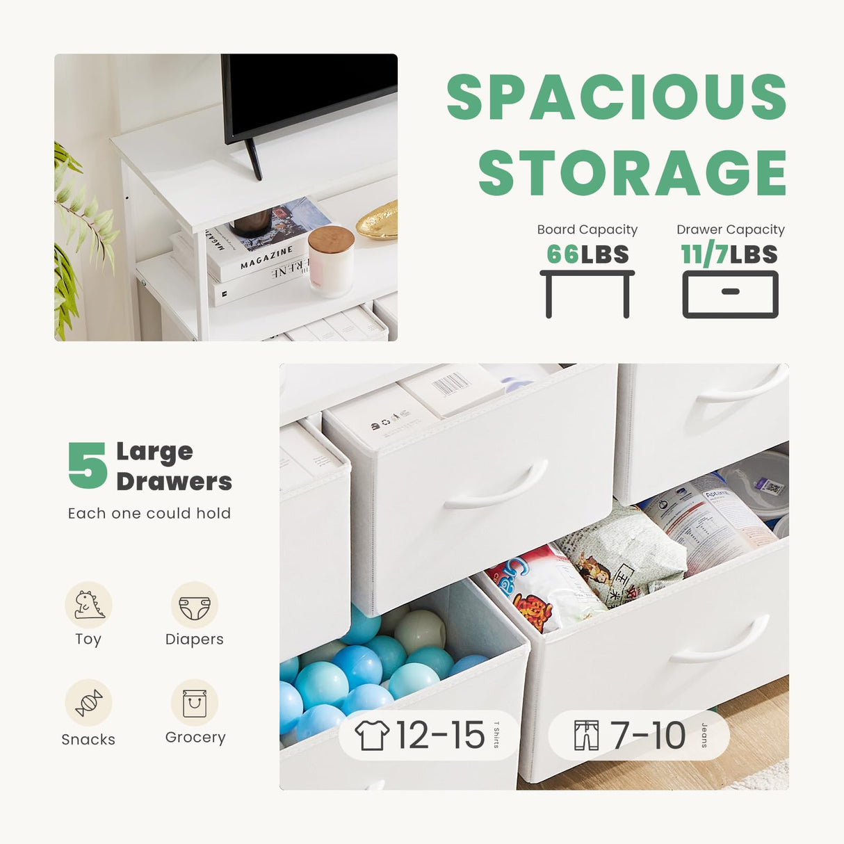 DUMOS TV Stand Dresser for Bedroom with 5 Fabric Drawer,Entertainment Center for 45 inch Television, Media Console Table with Storage, Open Shelf, Adjustable Feet, Living Room Furniture, White DUMOS