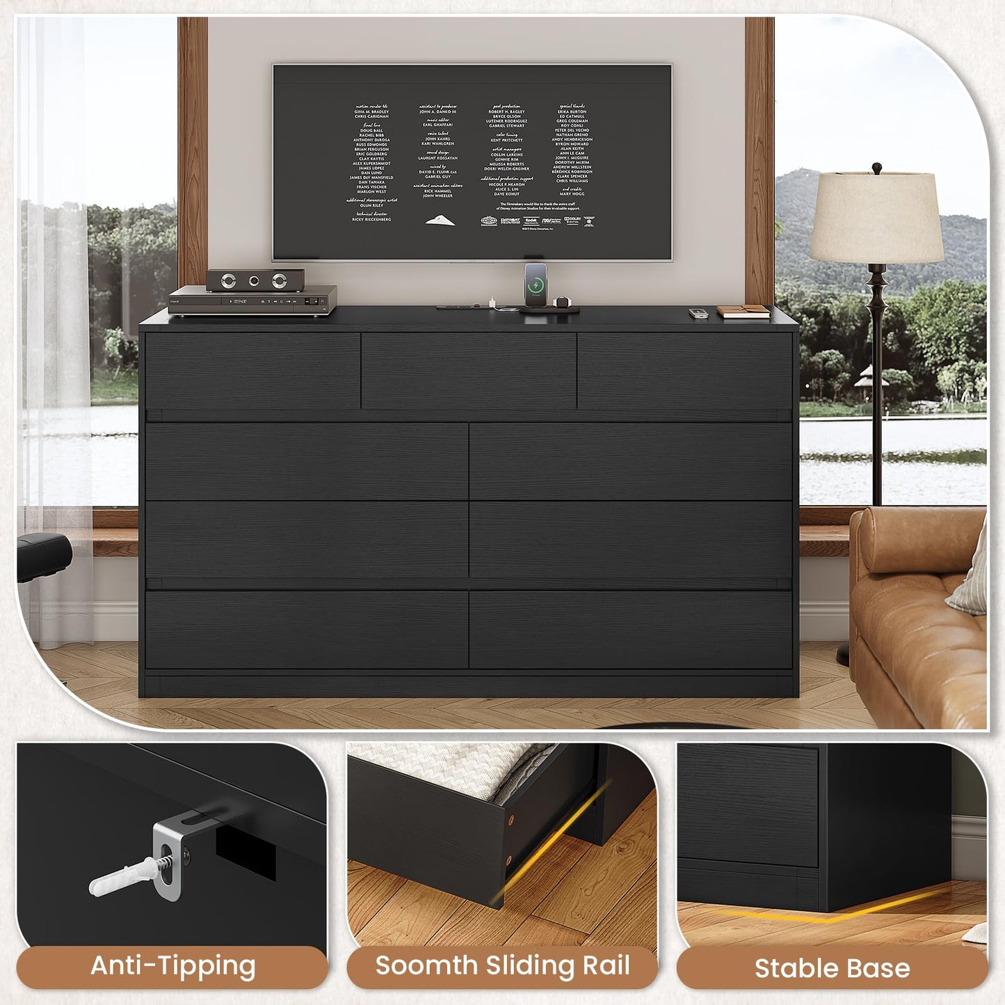 AOGLLATI Black Dresser for Bedroom, 55.1" Long Dresser with 9 Drawers, Dressers & Chest of Drawers with Charging Station Handle Free, Large Wooden Wide 9 Drawer Dresser for Bedroom Living Room,Black