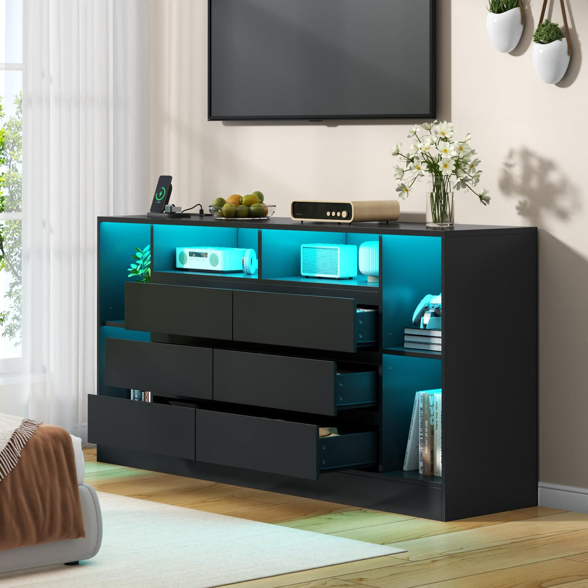 Loomie 6 Drawers Dresser with 6 Open Storage Cubbies, LED Dressers & Chests of Drawers with Power Outlet, 55" Wide Long Dresser for Bedroom, Modern TV Stand with Open Shelf for Living Room (Black) Loomie