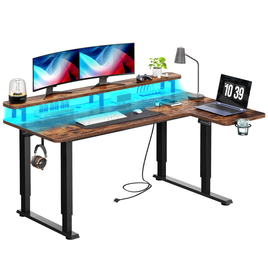 YITAHOME L Shaped Standing Desk with Power Outlets & LED Lights, 63 x 43 Inch Height Adjustable Electric Standing Desk with Monitor Stand, Dual Motor 4 Legs Sit Stand Desk, Corner Stand Up Desk