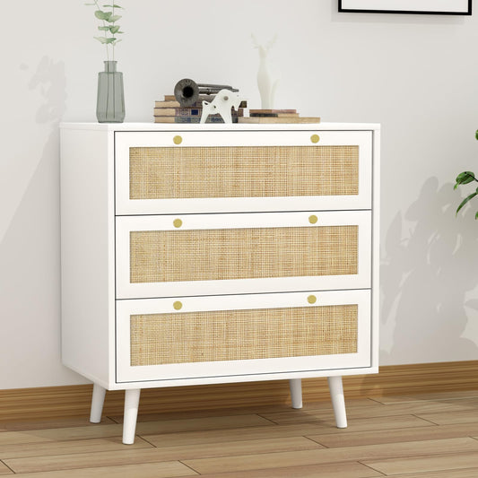 Anmytek Dresser for Bedroom with 3 Drawers, Modern Wood 3 Drawer Dresser, White Chest of Drawer with Spacious Storage Rattan Dresser for Bedroom Living Room H0072