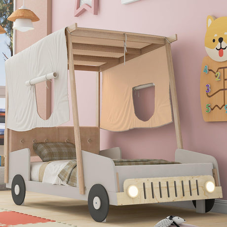 Harper & Bright Designs Twin Size Kids Car Bed with Pillow, Ceiling Cloth and LED Light, Twin Playhouse Bed Frame, Kids Canopy Bed, Wood Twin Platform Bed for Kids Boys Girls Teens (Natural, Twin) Harper & Bright Designs