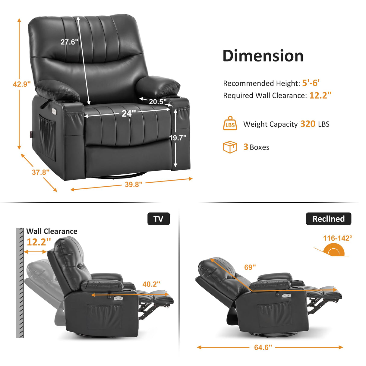 MCombo Oversized Swivel Glider Rocker Power Recliner Chair for Living Room with Heat and Vibration Massage, USB Ports, Cup Holders and Pockets, Faux Leather 7785 (Dark Grey) MCombo