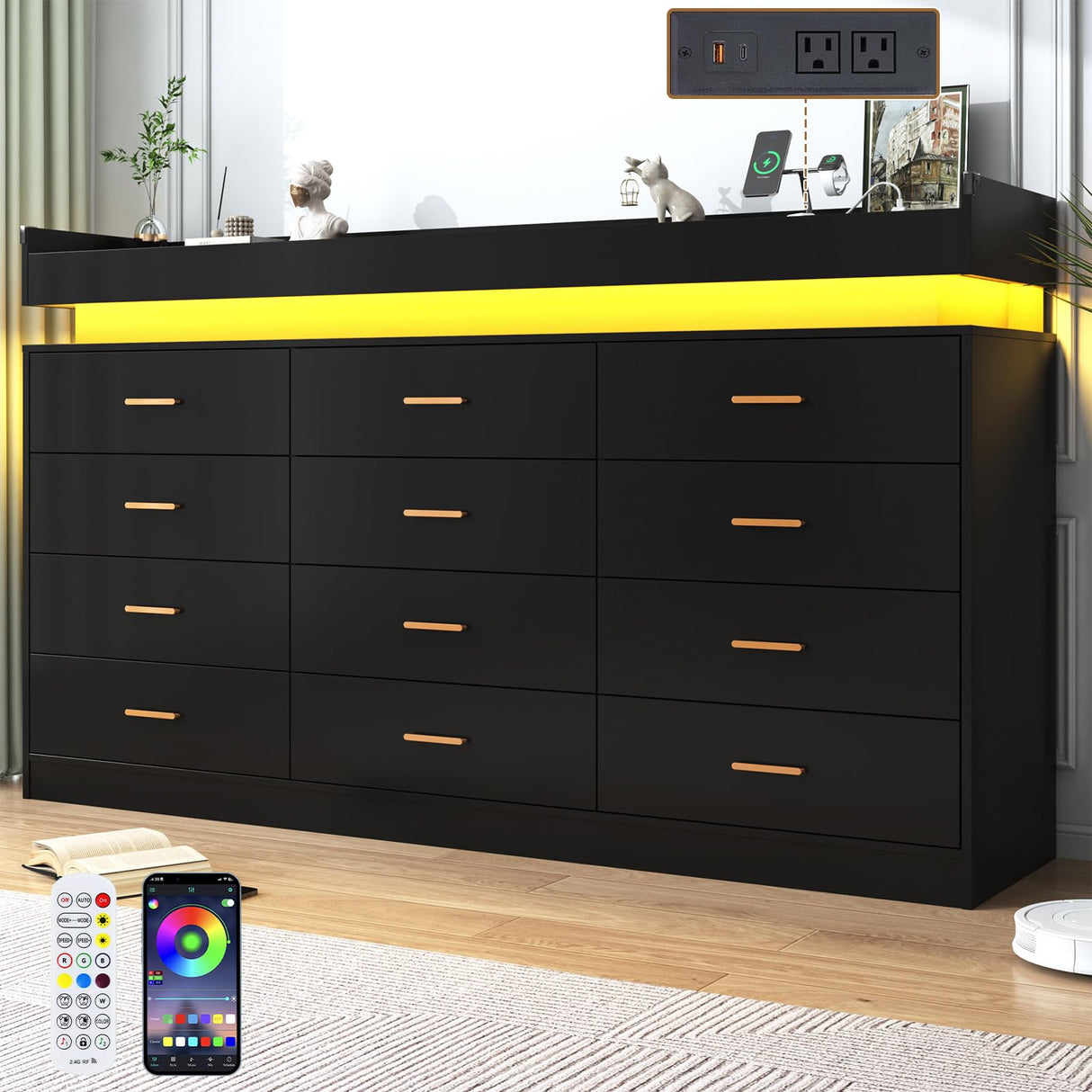 jiteentarou 12 Drawer Dresser with Charging Station and LED Lights, Modern Chest of Drawers with Power Outlet, Organizer Cabinet for Bedroom, Living Room, Entryway, Black jiteentarou