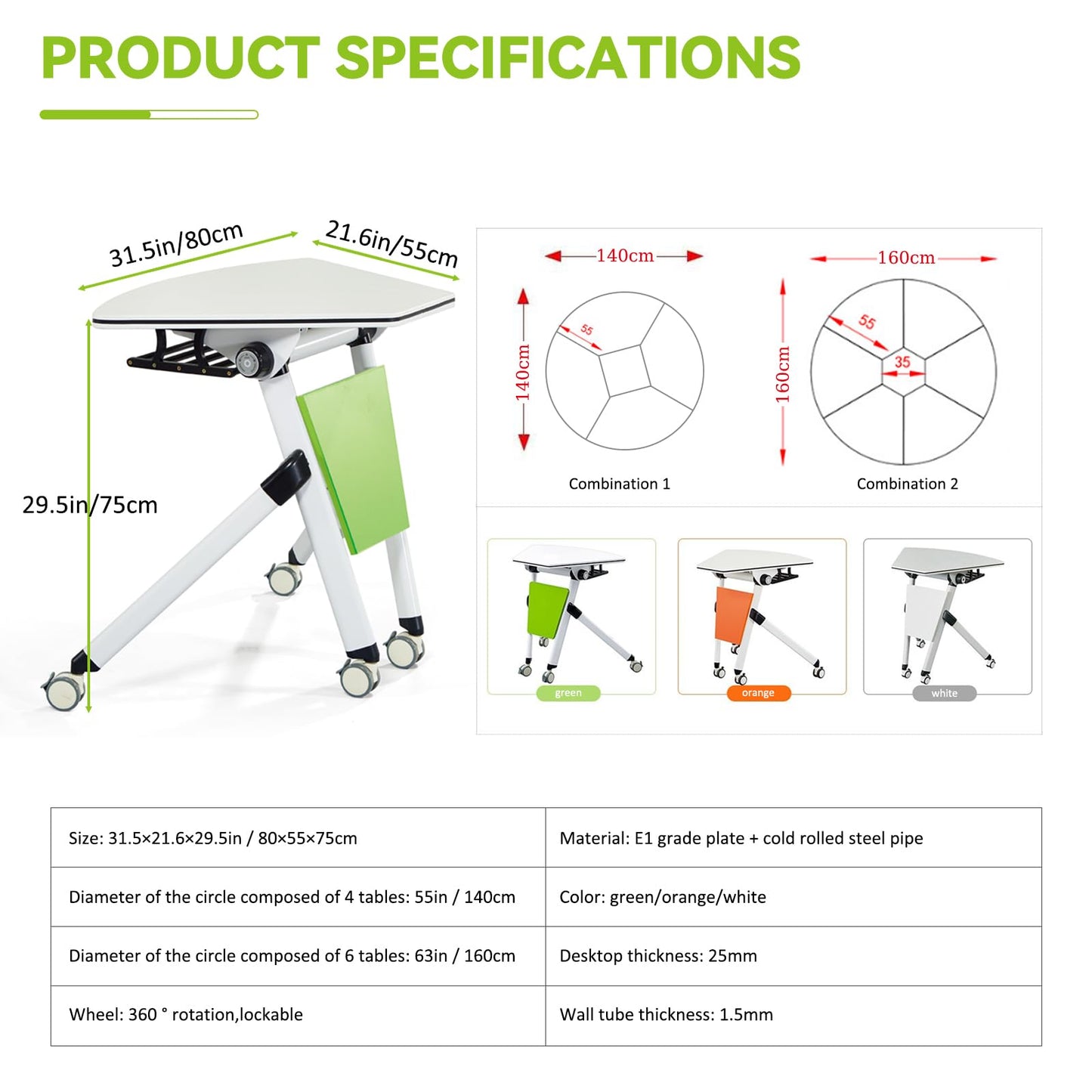 Folding Conference Table 6PCS, Modern Sector Shape Conference Room Table, Flip Top Mobile Training Table, Mobile Conference Tables with Silent Wheels, Meeting Room Table for Office Training - WoodArtSupply