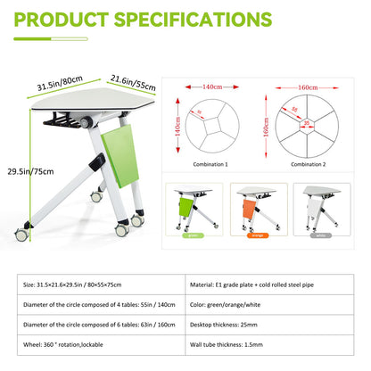 Folding Conference Table 6PCS, Modern Sector Shape Conference Room Table, Flip Top Mobile Training Table, Mobile Conference Tables with Silent Wheels, Meeting Room Table for Office Training - WoodArtSupply