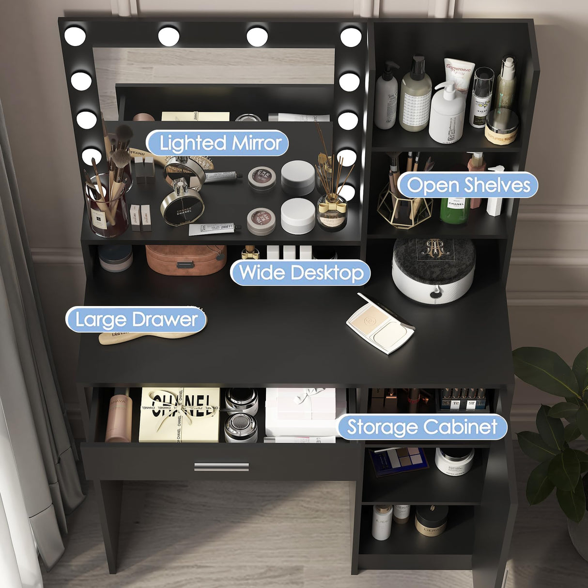 Palimder Vanity Desk with Mirror & Light, Large Drawer & Three Level Storage Dresser, 3 Lighting Modes Adjustable Brightness, Bedroom Dressing Table (Black) Palimder