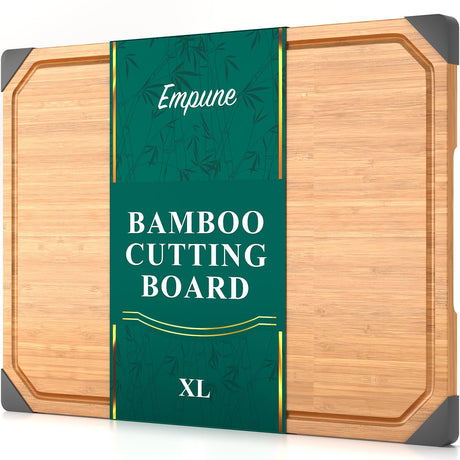 Bamboo Cutting Board, Empune Wood Cutting Boards for Kitchen with Non-slip Rubber Feet Wooden Chopping Board for Meat and Vegetables, XL Empune