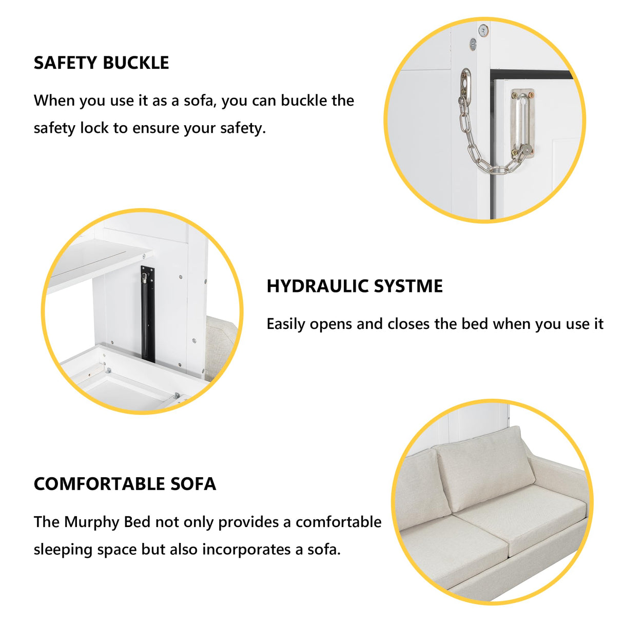 Queen Horizontal Murphy Bed with Sofa and Storage Shelves,LED Light,Solid Wood Space Saving Hideaway Murphy Wall Bed with Couch and Storage for Adults (Beige) MERITLINE