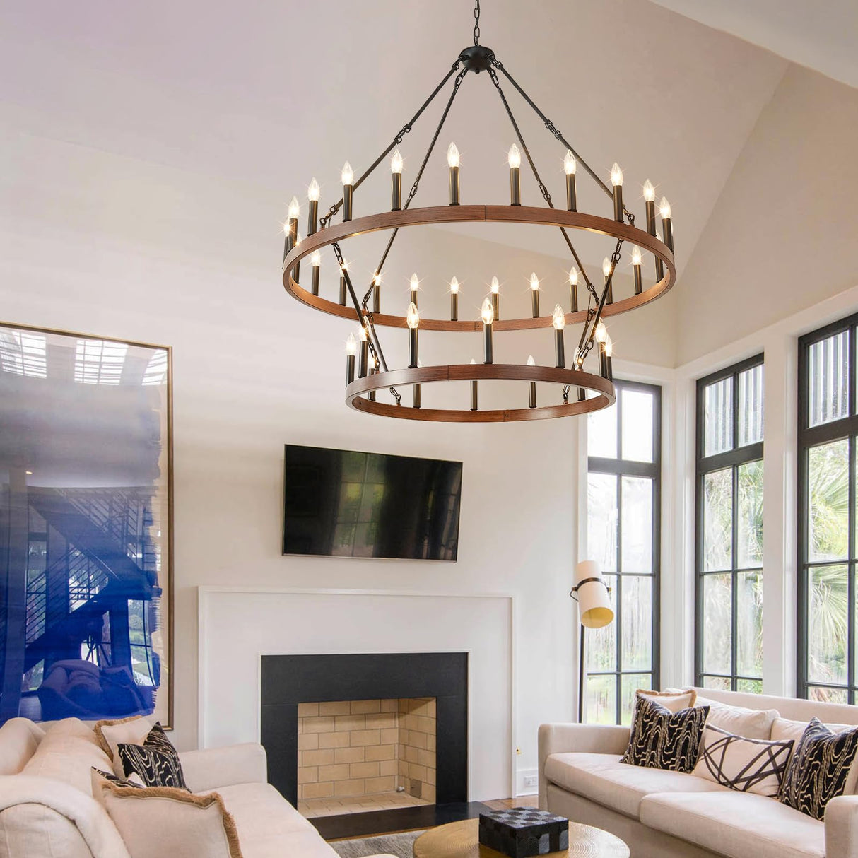 HHR 48" Wood-Grain Surface Double Tier Wagon Wheel Chandelier, 36-Light Round Farmhouse Pendant Light Fixture, Rustic Hanging Lighting for Dining Room Living Room Office(Not Solid Wood) HHR