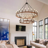 HHR 48" Wood-Grain Surface Double Tier Wagon Wheel Chandelier, 36-Light Round Farmhouse Pendant Light Fixture, Rustic Hanging Lighting for Dining Room Living Room Office(Not Solid Wood) HHR