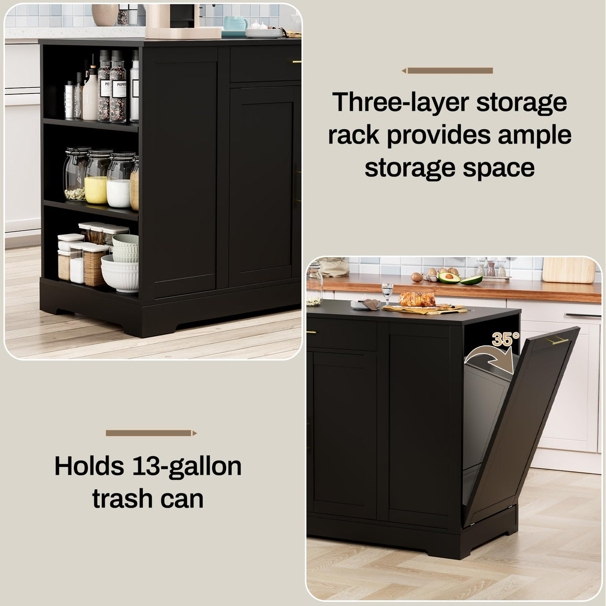 MAMIZO 53" Kitchen Island with Storage, Kitchen Cart W/Tilt Out Trash Can Holder & Solid Wood Top, Breakfast Bar W/3-Layer Side Shelf, Large Storage Cabinet W/Adjustable Shelve, Spice Rack, Drawers MAMIZO