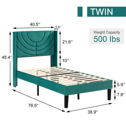 VECELO Twin Size Upholstered Platform Bed Frame with Fabric Headboard,Wooden Slats Support/No Box Spring Needed/Mattress Foundation,Dark Green