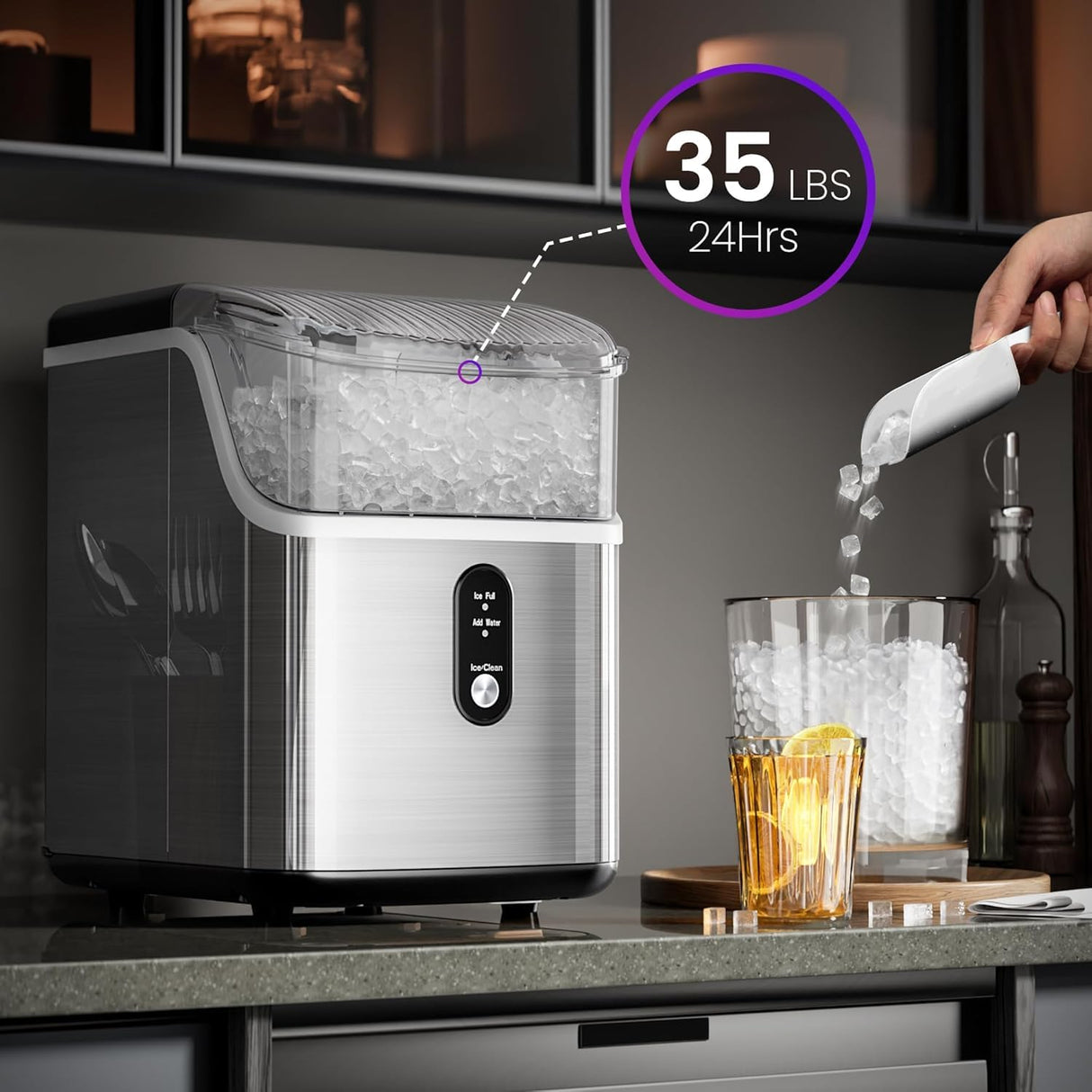 Nugget Ice Maker Countertop, 35Lbs/24H Portable Table Top Machine with Chewable & Crushed Ice, Self-Cleaning, One-Touch Operation for Home, Kitchen & Office(Stainless Steels Silver) Crzoe