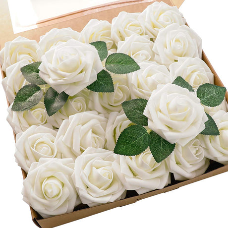Floroom Artificial Flowers 25pcs Real Looking Ivory Foam Fake Roses with Stems for DIY Wedding Bouquets White Bridal Shower Centerpieces Arrangements Party Tables Decorations Floroom