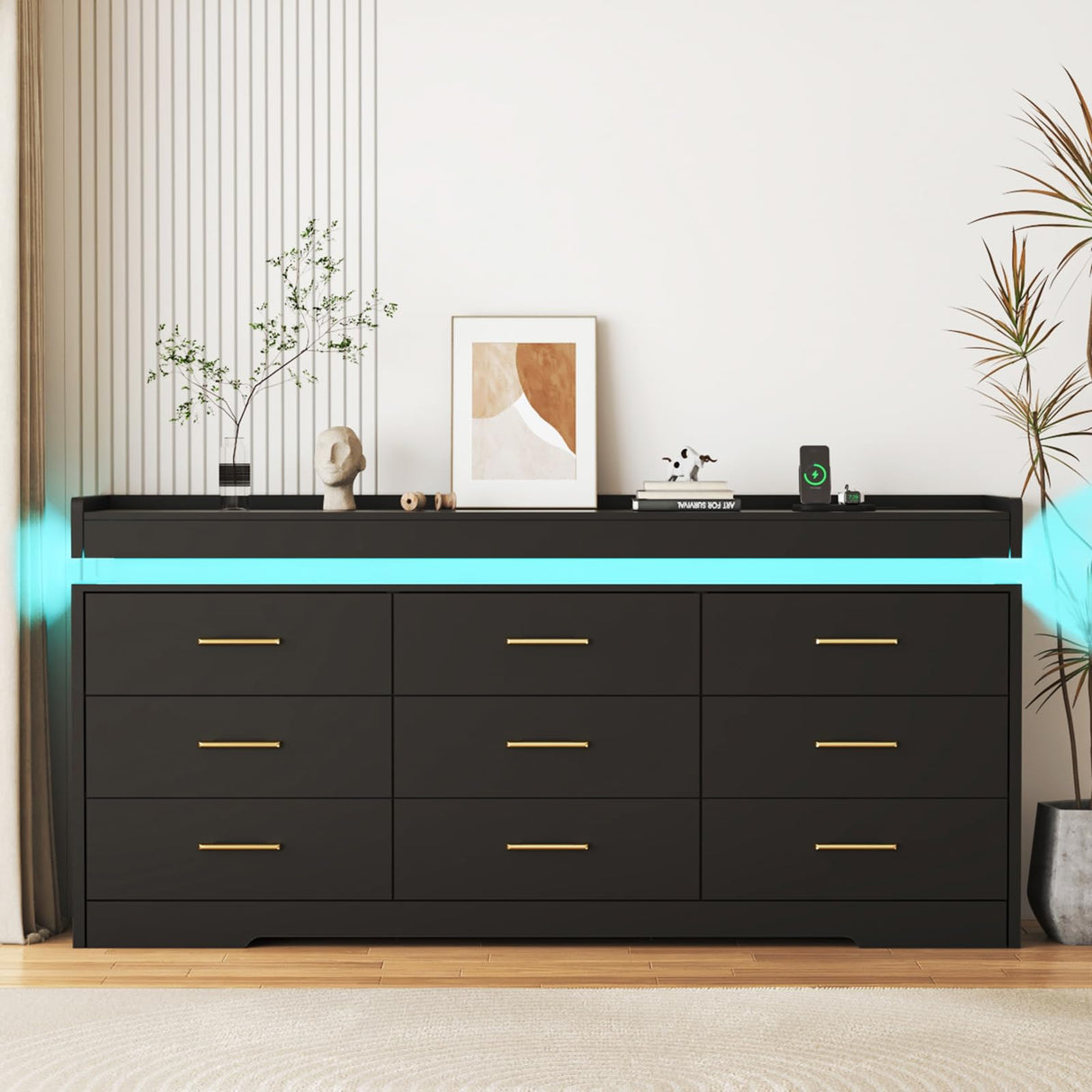 9 Drawer Dresser with Charging Station, Wide Chest of Drawers for Closet with LED Light, Modern Drawer Organizer Cabinet for Bedroom, Living Room, Entryway, Hallway, Black DalyLuxa