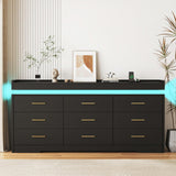 9 Drawer Dresser with Charging Station, Wide Chest of Drawers for Closet with LED Light, Modern Drawer Organizer Cabinet for Bedroom, Living Room, Entryway, Hallway, Black DalyLuxa