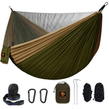 Camping Hammock, Portable Hammocks with Mosquito Net,Lightweight Nylon Parachute Hammock with 10ft Tree Straps,Camping Gear Must Haves for Travel Hiking Backpacking Beach Patio-Green&Khaki Qevooon