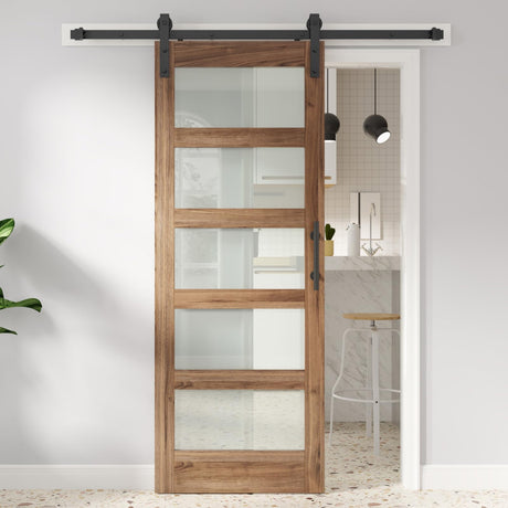 FREDBECK 32in x 80in inch Glass Barn Door with 5.5FT Sliding Barn Door Hardware Kit Included,5-Panel Frosted Glass Wood Panel,Water-Proof Surface,Need Assembly,Fit 29in -30in Opening FREDBECK