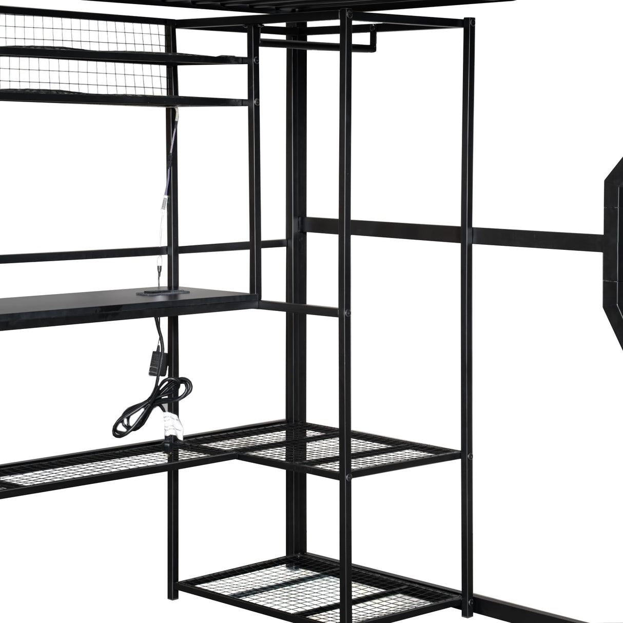 HZXINKEDZSW Full Size Metal Gaming Loft Bed with Built-in Work Station,Open Wardrobe,LED and Multiple Storage,Modern Bed Frame with Safety Guardrail for Kids Teen Bedroom Furniture (Black-15, Full) HZXINKEDZSW